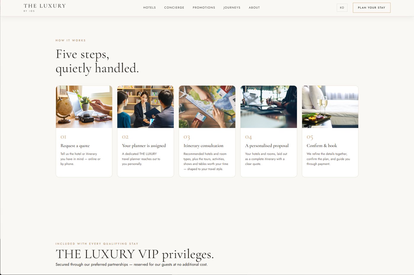 Concierge — 견적부터 확정까지 5단계 프로세스와 VIP 특전